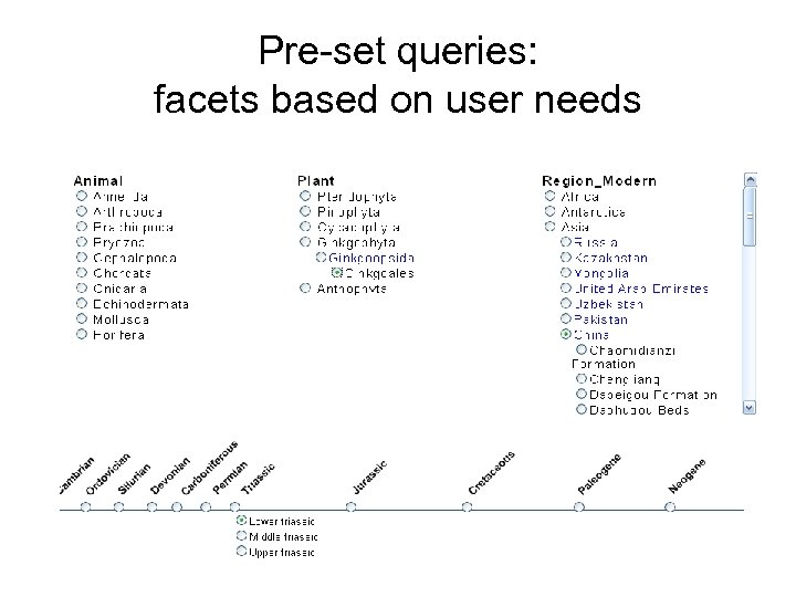 Pre-set queries: facets based on user needs 