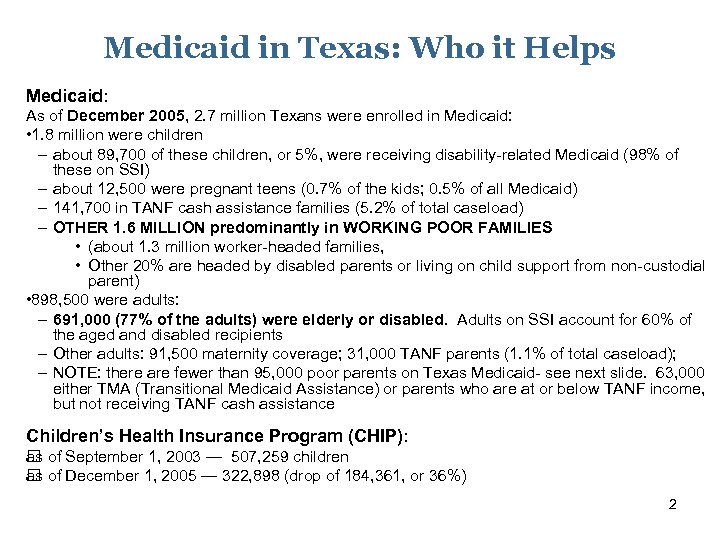Medicaid in Texas: Who it Helps Medicaid: As of December 2005, 2. 7 million