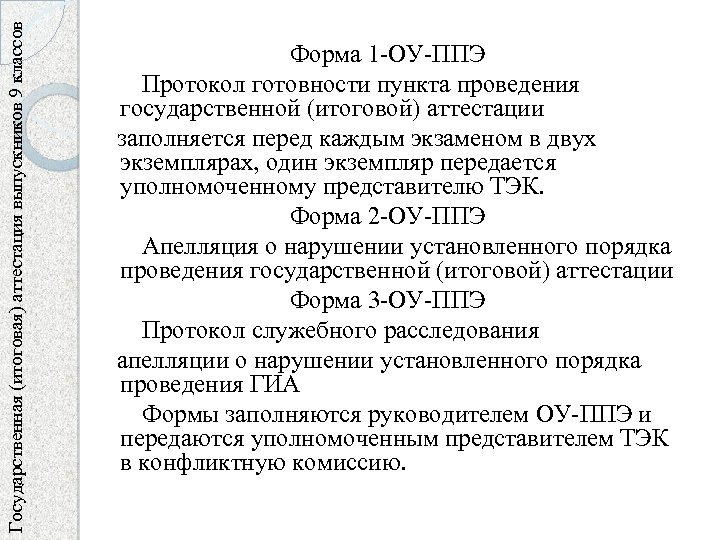 Государственная (итоговая) аттестация выпускников 9 классов Форма 1 -ОУ-ППЭ Протокол готовности пункта проведения государственной