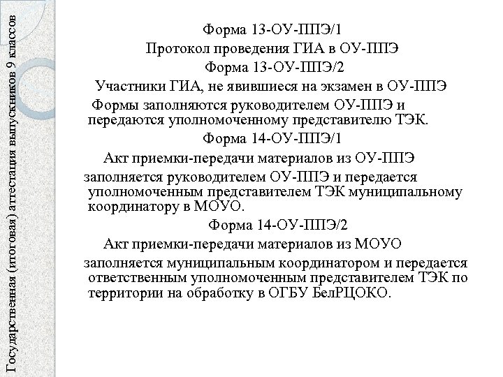 Государственная (итоговая) аттестация выпускников 9 классов Форма 13 -ОУ-ППЭ/1 Протокол проведения ГИА в ОУ-ППЭ