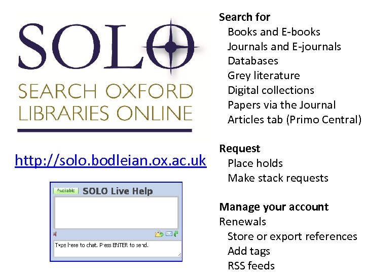 Search for Books and E-books Journals and E-journals Databases Grey literature Digital collections Papers