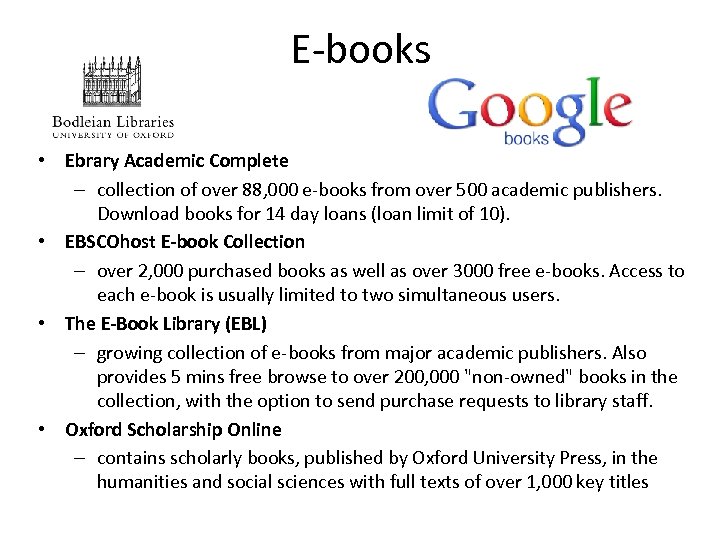 E-books • Ebrary Academic Complete – collection of over 88, 000 e-books from over