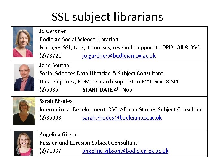 SSL subject librarians Jo Gardner Bodleian Social Science Librarian Manages SSL, taught-courses, research support