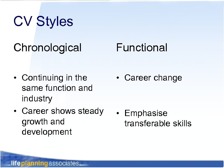 CV Styles Chronological Functional • Continuing in the same function and industry • Career
