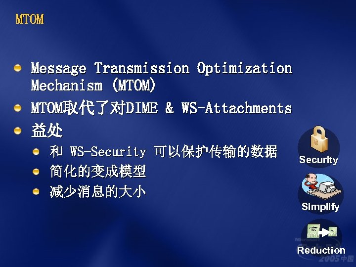MTOM Message Transmission Optimization Mechanism (MTOM) MTOM取代了对DIME & WS-Attachments 益处 和 WS-Security 可以保护传输的数据 简化的变成模型