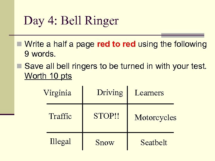 Day 4: Bell Ringer n Write a half a page red to red using