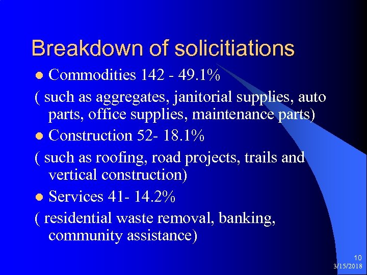 Breakdown of solicitiations Commodities 142 - 49. 1% ( such as aggregates, janitorial supplies,