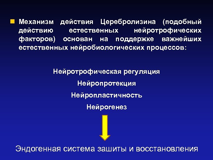 n Механизм действия Церебролизина (подобный действию естественных нейротрофических факторов) основан на поддержке важнейших естественных