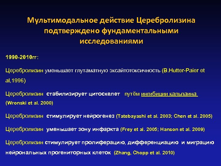 Мультимодальное действие Церебролизина подтверждено фундаментальными исследованиями 1990 -2010 гг: Церебролизин уменьшает глутаматную эксайтотоксичность (B.