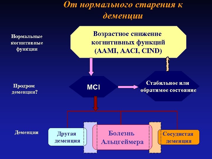От нормального старения к деменции Возрастное снижение когнитивных функций (AAMI, AACI, CIND) Нормальные когнитивные