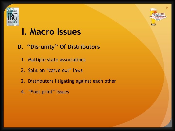 14 I. Macro Issues D. “Dis-unity” Of Distributors 1. Multiple state associations 2. Split
