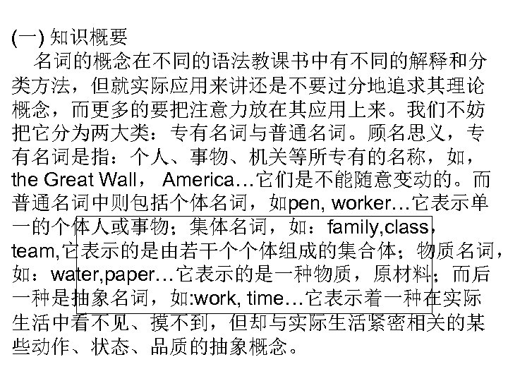 (一) 知识概要 名词的概念在不同的语法教课书中有不同的解释和分 类方法，但就实际应用来讲还是不要过分地追求其理论 概念，而更多的要把注意力放在其应用上来。我们不妨 把它分为两大类：专有名词与普通名词。顾名思义，专 有名词是指：个人、事物、机关等所专有的名称，如， the Great Wall， America…它们是不能随意变动的。而 普通名词中则包括个体名词，如pen, worker…它表示单 一的个体人或事物；集体名词，如：family,
