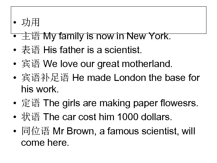  • • • 功用 主语 My family is now in New York. 表语