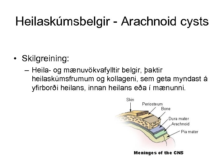 Heilaskúmsbelgir - Arachnoid cysts • Skilgreining: – Heila- og mænuvökvafylltir belgir, þaktir heilaskúmsfrumum og