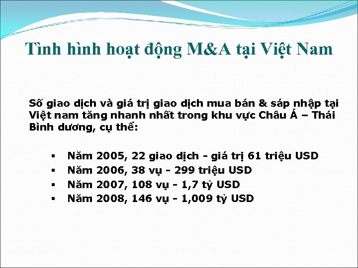 Tình hoạt động M&A tại Việt Nam Số giao dịch và giá trị giao