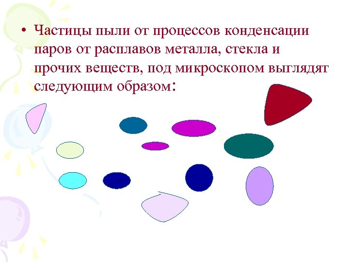  • Частицы пыли от процессов конденсации паров от расплавов металла, стекла и прочих