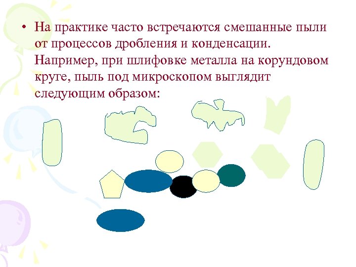  • На практике часто встречаются смешанные пыли от процессов дробления и конденсации. Например,