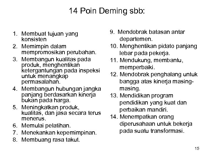 14 Poin Deming sbb: 1. Membuat tujuan yang konsisten 2. Memimpin dalam mempromosikan perubahan.