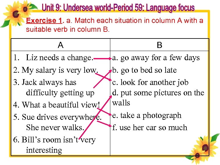 Exercise 1. a. Match each situation in column A with a suitable verb in