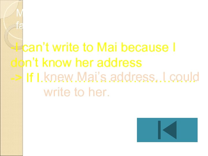 Make conditional sentence, using the fact below: -I can’t write to Mai because I