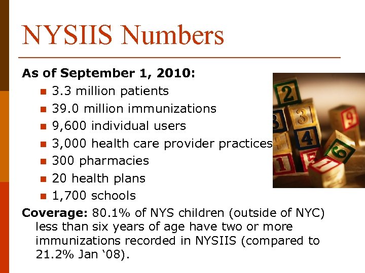 NYSIIS Numbers As of September 1, 2010: n 3. 3 million patients n 39.