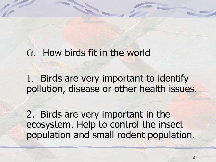 G. How birds fit in the world 1. Birds are very important to identify