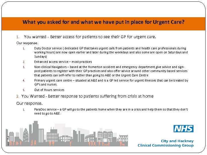 What you asked for and what we have put in place for Urgent Care?