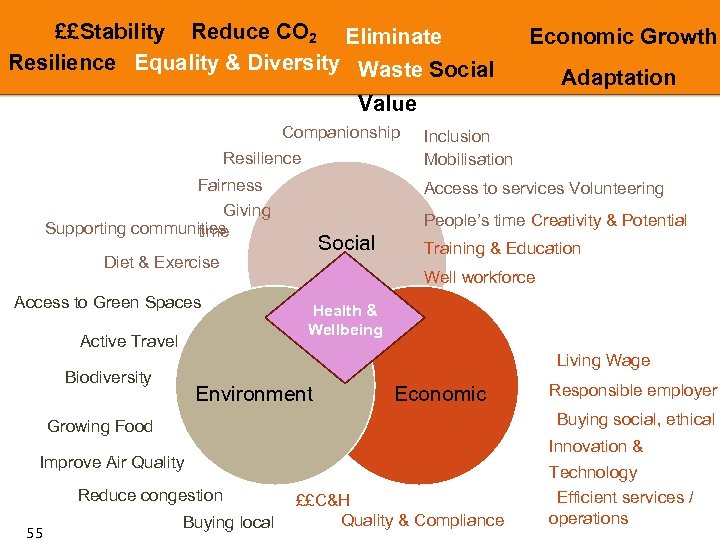 ££Stability Reduce CO 2 Eliminate Resilience Equality & Diversity Waste Social Economic Growth Adaptation