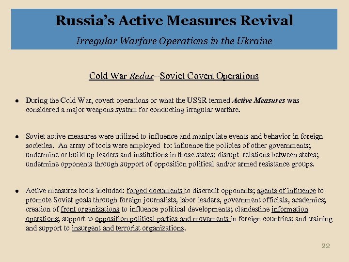 Russia’s Active Measures Revival Irregular Warfare Operations in the Ukraine Cold War Redux--Soviet Covert