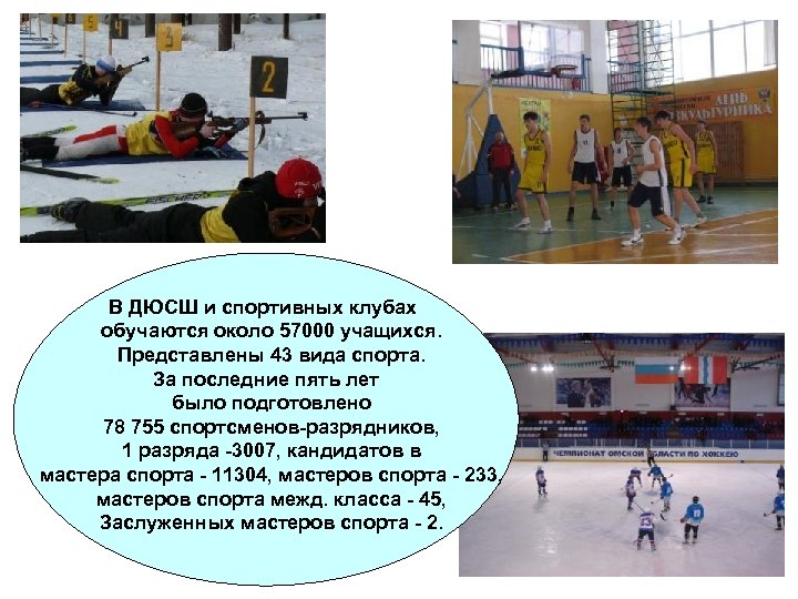 В ДЮСШ и спортивных клубах обучаются около 57000 учащихся. Представлены 43 вида спорта. За
