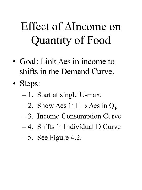 Effect of Income on Quantity of Food • Goal: Link es in income to