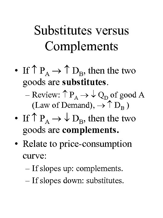 Substitutes versus Complements • If PA DB, then the two goods are substitutes. –