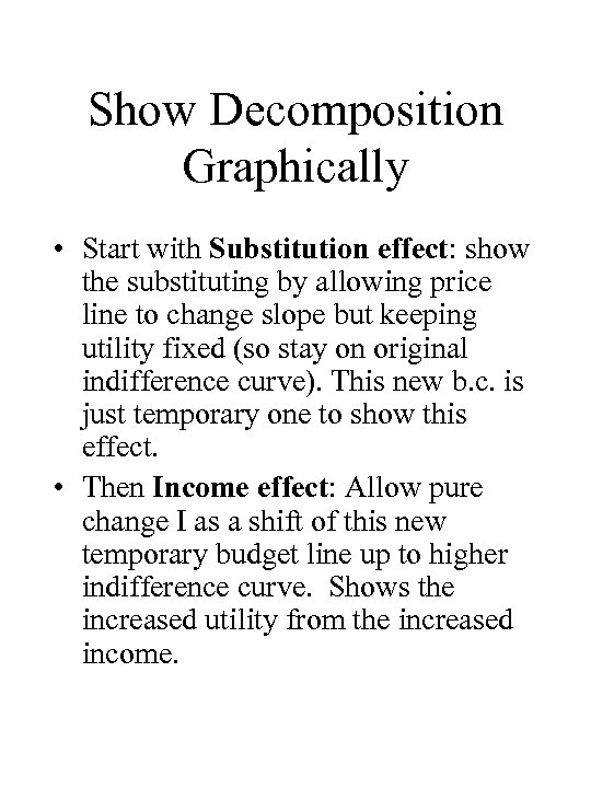 Show Decomposition Graphically • Start with Substitution effect: show the substituting by allowing price