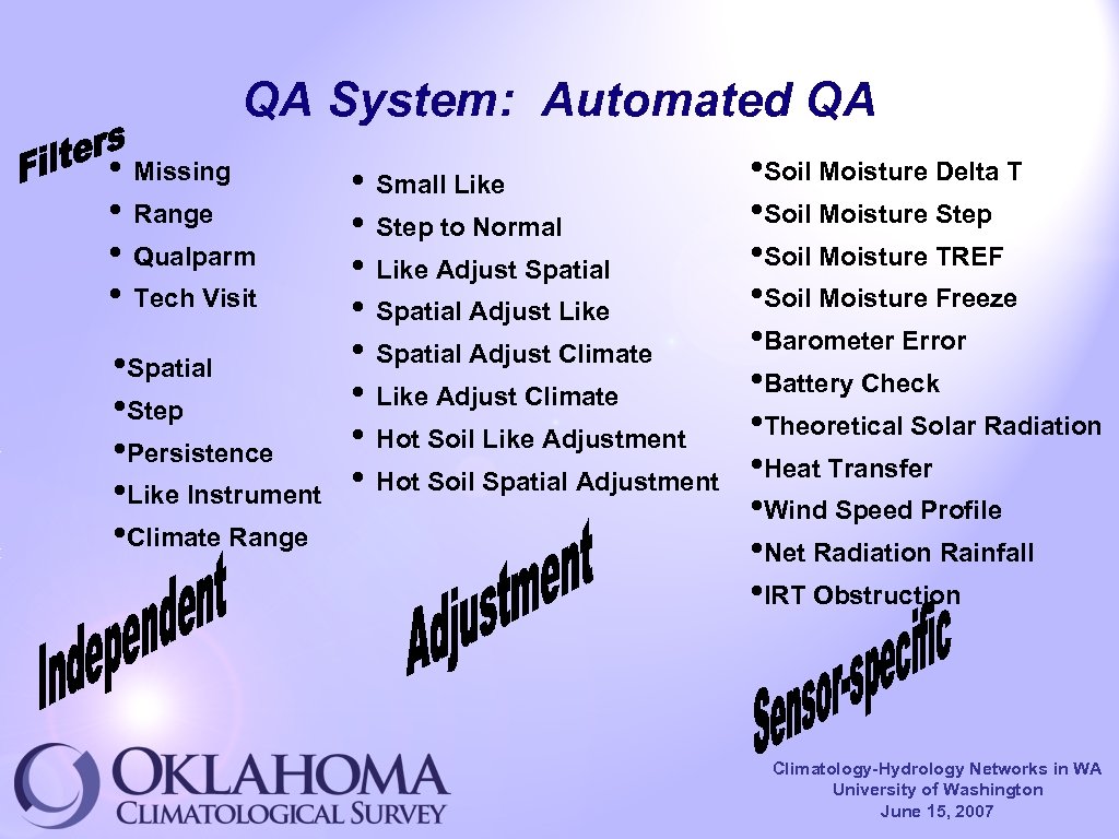 QA System: Automated QA • Missing • Range • Qualparm • Tech Visit •