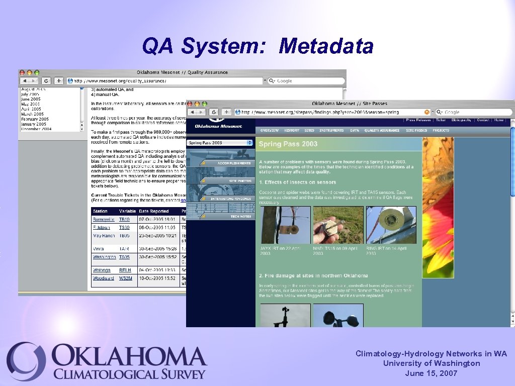 QA System: Metadata Climatology-Hydrology Networks in WA University of Washington June 15, 2007 