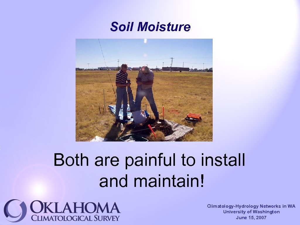 Soil Moisture Both are painful to install and maintain! Climatology-Hydrology Networks in WA University