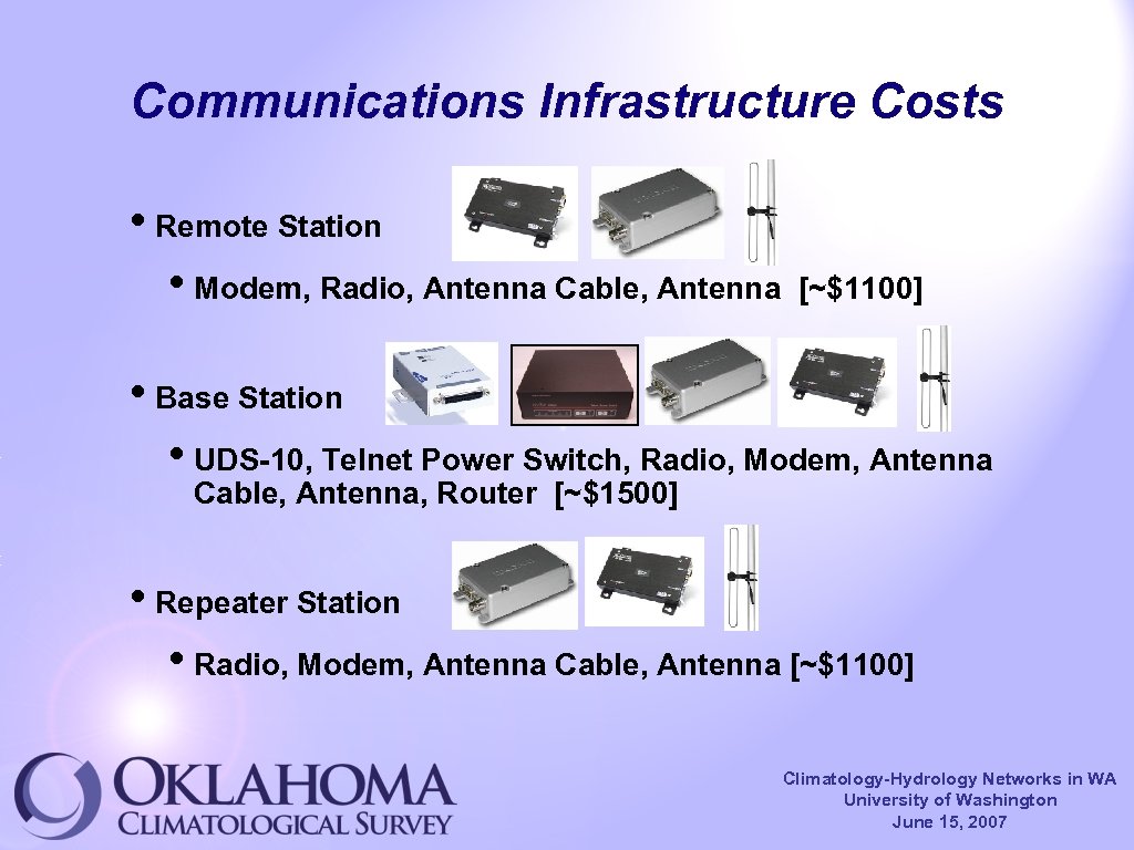 Communications Infrastructure Costs • Remote Station • Modem, Radio, Antenna Cable, Antenna [~$1100] •