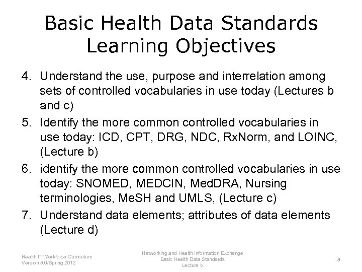 Basic Health Data Standards Learning Objectives 4. Understand the use, purpose and interrelation among
