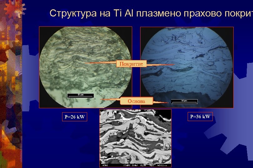 Структура на Ti Al плазмено прахово покрит Покритие Основа P=26 k. W P=36 k.