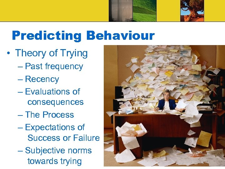 Predicting Behaviour • Theory of Trying – Past frequency – Recency – Evaluations of