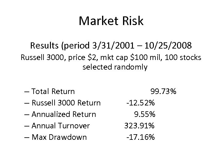 Market Risk Results (period 3/31/2001 – 10/25/2008 Russell 3000, price $2, mkt cap $100