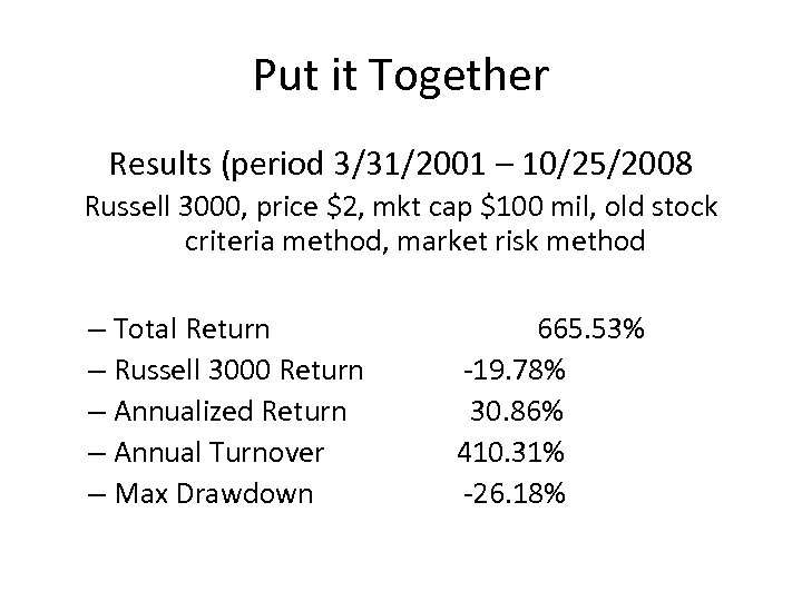 Put it Together Results (period 3/31/2001 – 10/25/2008 Russell 3000, price $2, mkt cap