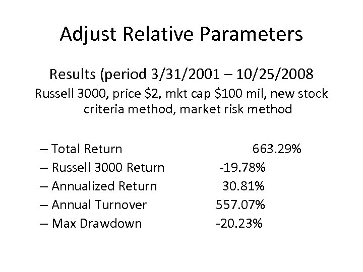 Adjust Relative Parameters Results (period 3/31/2001 – 10/25/2008 Russell 3000, price $2, mkt cap