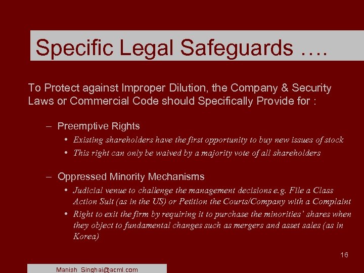 Specific Legal Safeguards …. To Protect against Improper Dilution, the Company & Security Laws