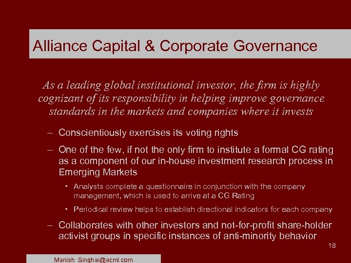 Alliance Capital & Corporate Governance As a leading global institutional investor, the firm is