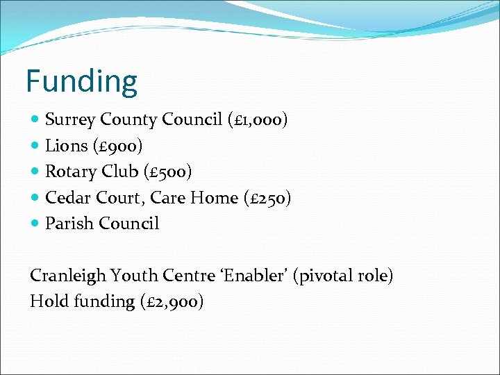 Funding Surrey County Council (£ 1, 000) Lions (£ 900) Rotary Club (£ 500)