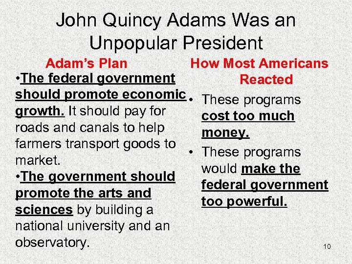 John Quincy Adams Was an Unpopular President Adam’s Plan How Most Americans • The