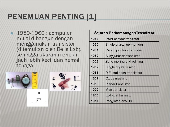 PENEMUAN PENTING [1] 1950 -1960 : computer mulai dibangun dengan menggunakan transistor (ditemukan oleh