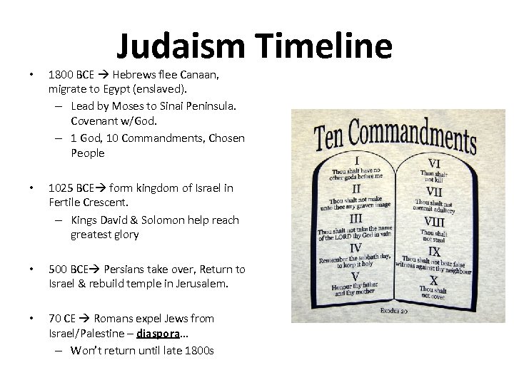 Judaism Timeline • 1800 BCE Hebrews flee Canaan, migrate to Egypt (enslaved). – Lead