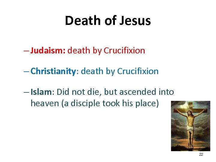 Death of Jesus – Judaism: death by Crucifixion – Christianity: death by Crucifixion –